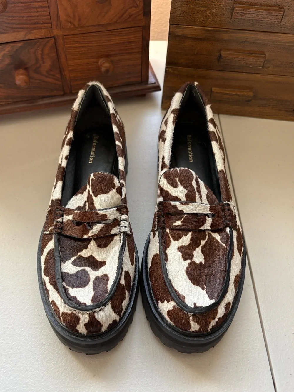 Reformation Agathea cow print loafers chunky size 6